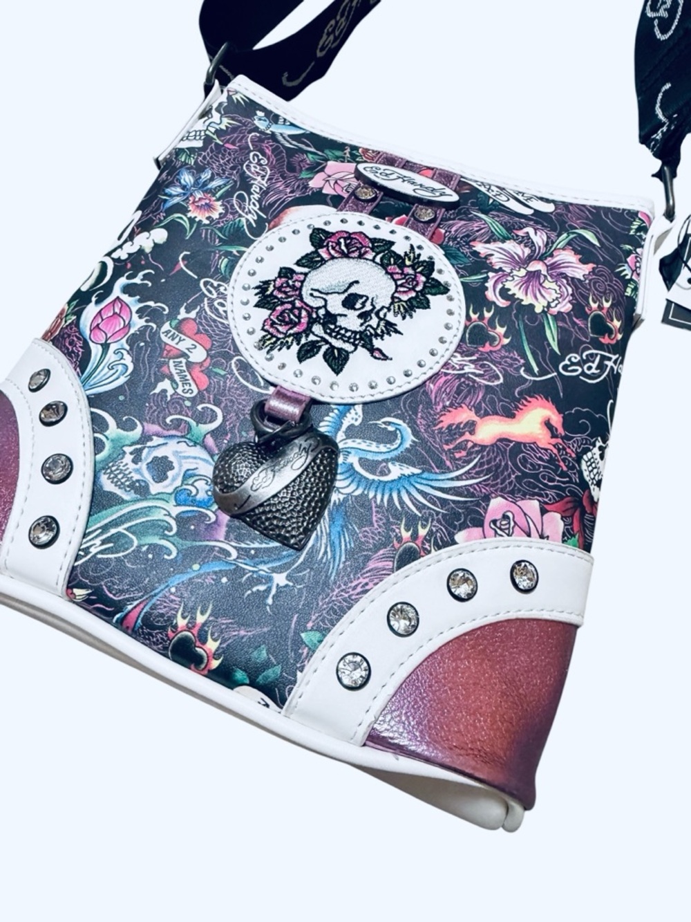🌼💚NWT Ed Hardy Women's Slim Skull & Roses Crossbody Bag - Black & Pink - Picture 9 of 10